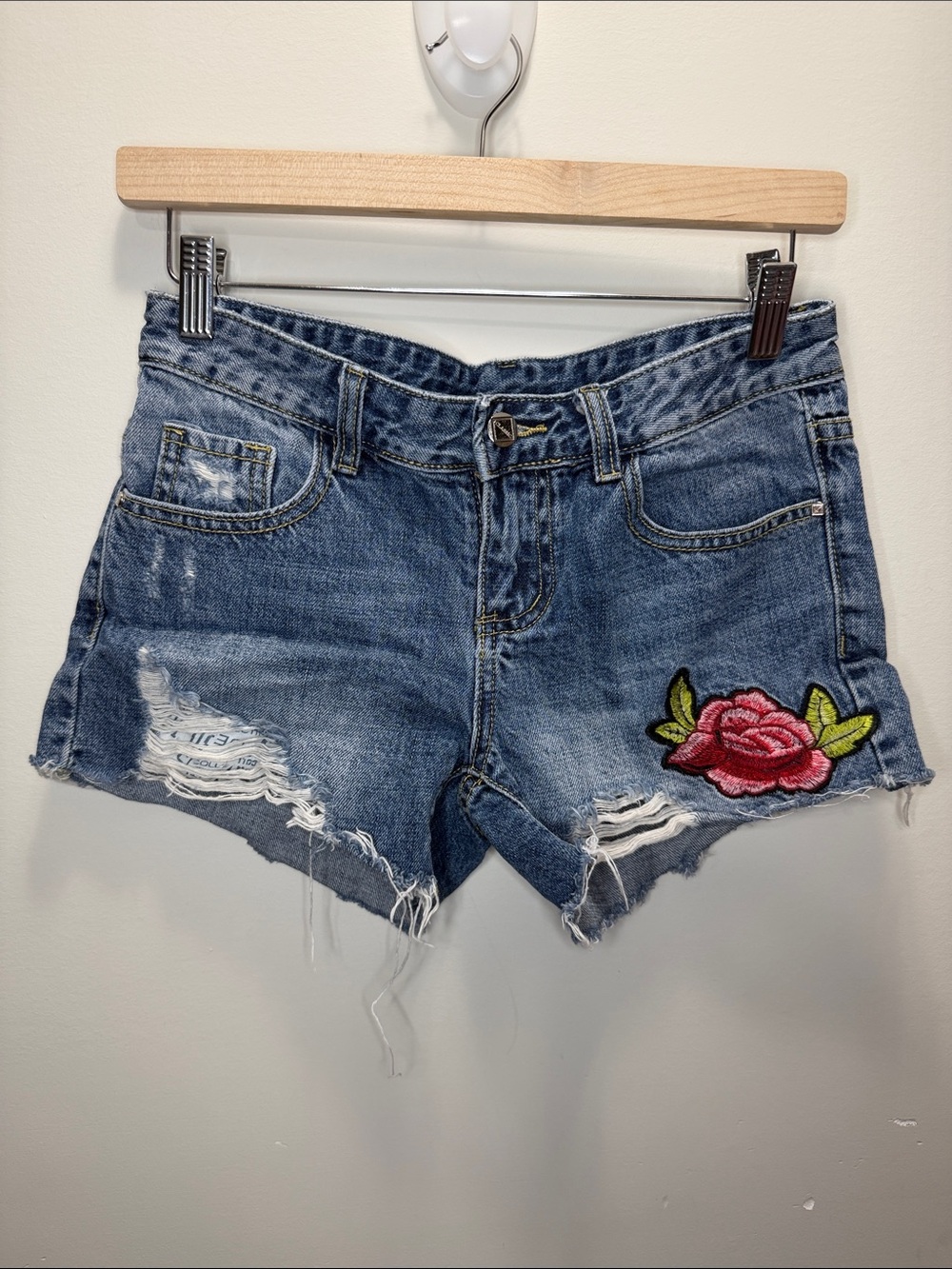 Denim Distressed Women's Shorts with Rose Patch Low Waist Size Small/ 28 W
